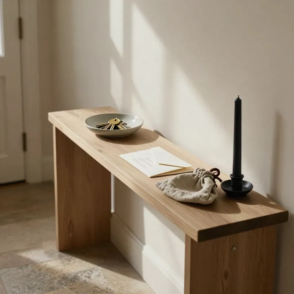 Entry hall console with key dish, sealed invites, linen catchall, and taper candle in warm light.