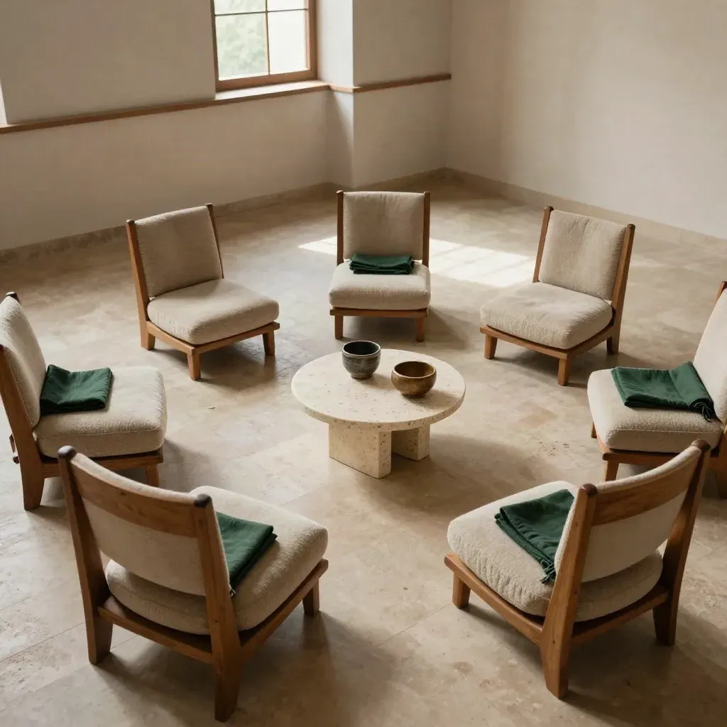 Overhead view of a cozy discussion circle with chairs, cushions, cups, and a talking bowl on stone.