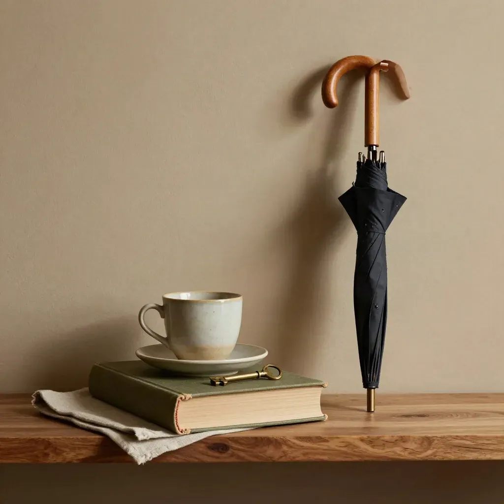 Moody shelf still-life with a book, coffee cup, brass key and rain-dark umbrella in cinematic light.