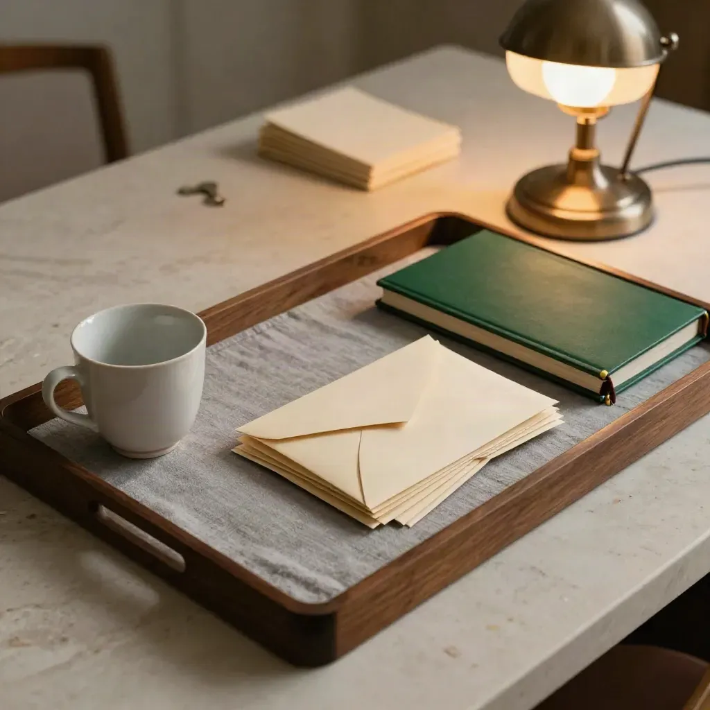 Open envelopes, glowing lamp, cup ring, and closed ledger on a quiet membership office surface.