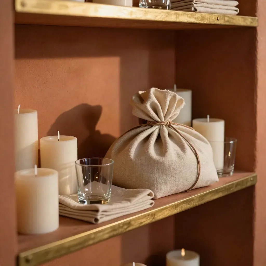 Seasonal event kit shelf with candles, linen napkins, glass votives and wrapped decor bundle.