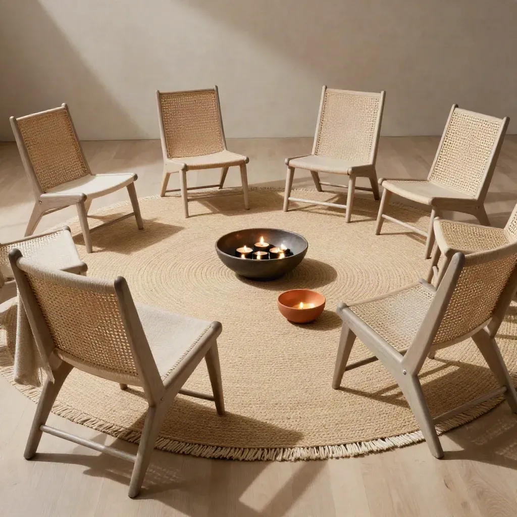 Twelve low chairs ring a woven rug and tea lights in a warm empty community room.