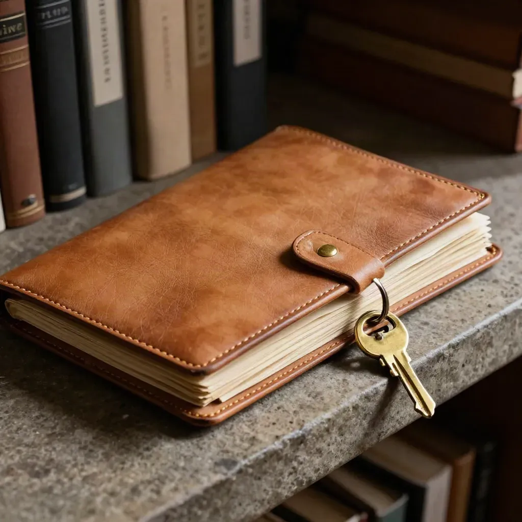 Leather ledger, brass fobs, and archive tabs on a stone ledge in raking light.
