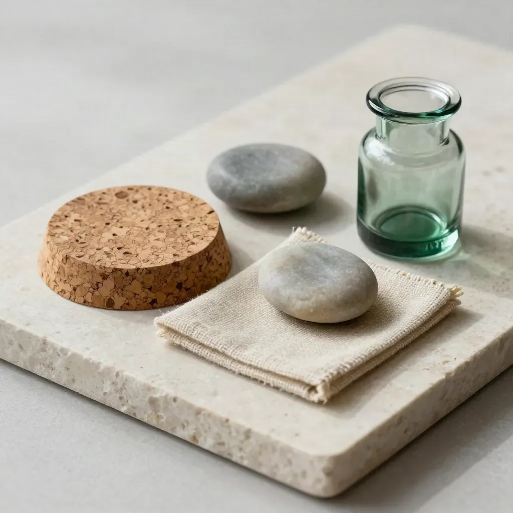 Cork, linen, pebble and glass swatches on pale stone with a forest green accent.