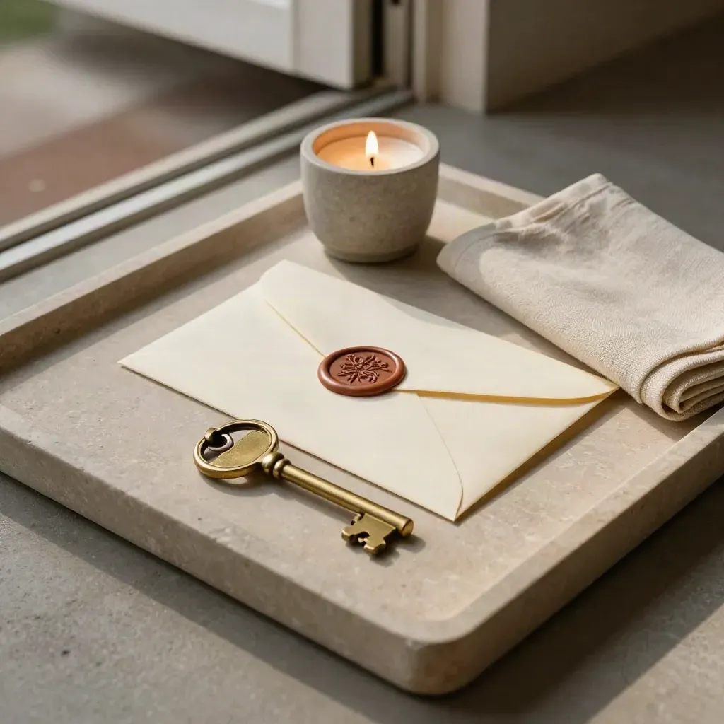 Brass room key, sealed envelope, tea candle, and linen napkin on a stone tray