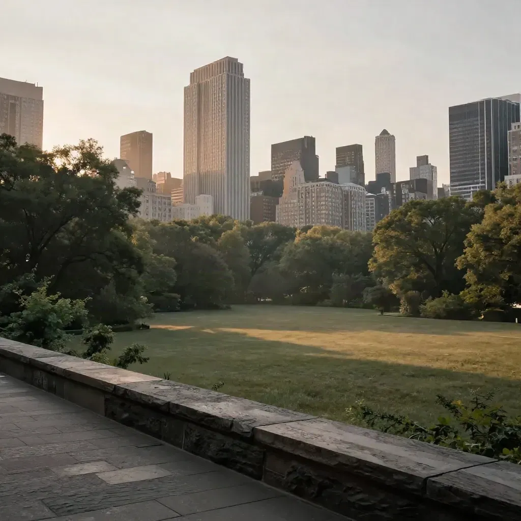 Central Park treetops with Midtown towers glowing above a hazy evening park edge.
